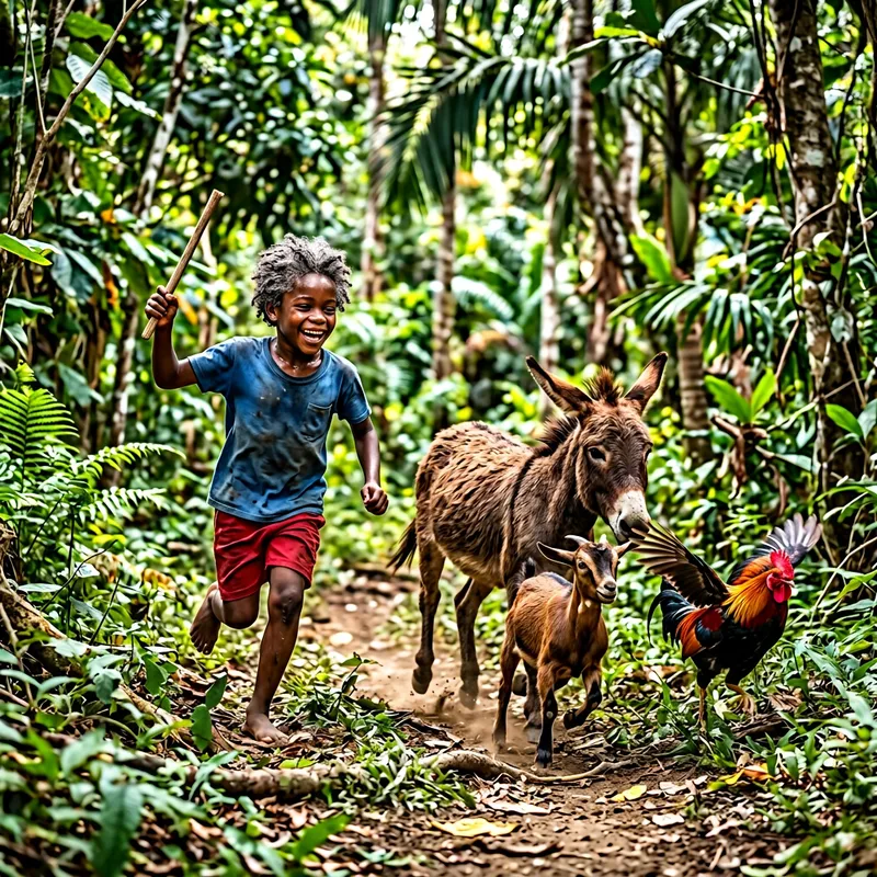 Detailed Close-Up Illustration of Haitian Boy with Graying Hair Playing in the Woods with Animals