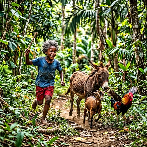 Detailed Illustration of Haitian Boy with Gray Hair Playing in Woods with Animals