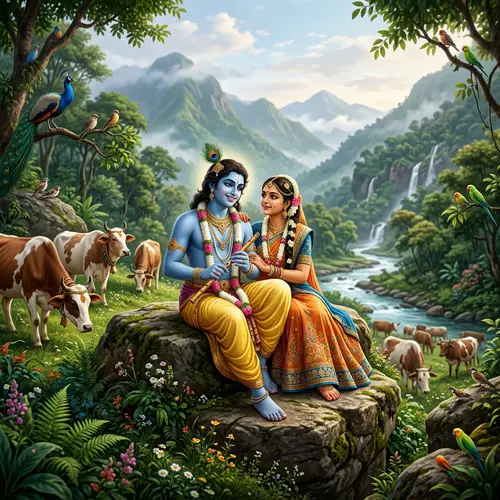 Radha Krishna in a Serene Jungle Scene | 4K Art