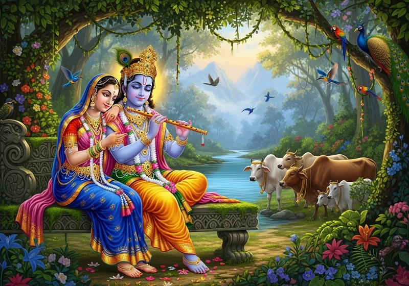 Radha Krishna in a Serene Jungle Scene | 4K Art