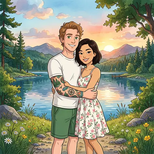 Hand-Drawn Animation Inspired Couple in Front of Lake | Modern Art