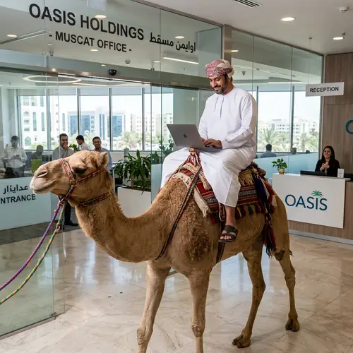 Omani Man on Camel Working with MacBook