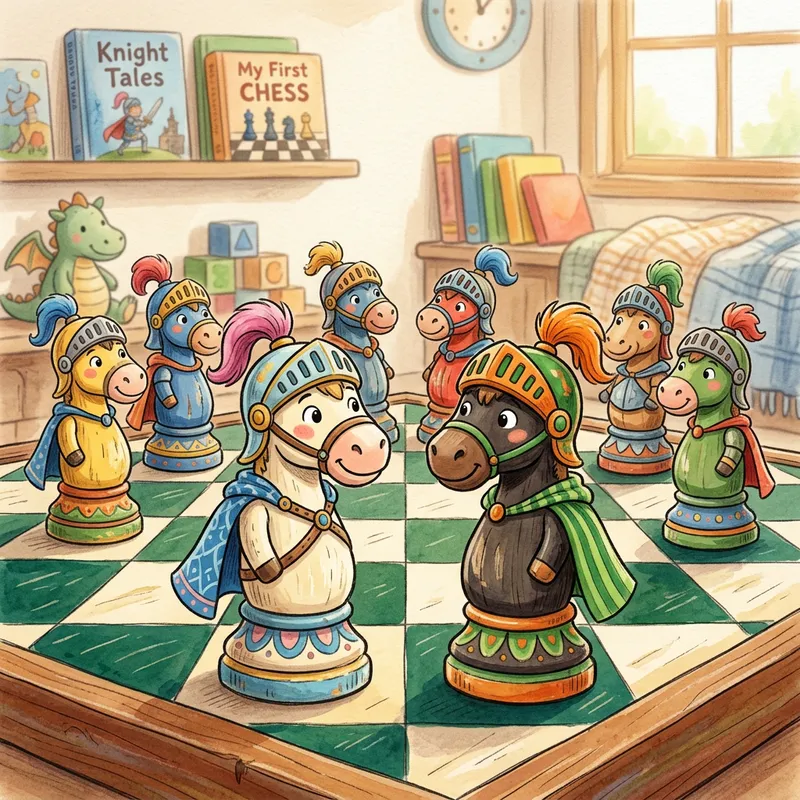 Whimsical Cartoon Knight Chess Pieces for Children's Drawing Book