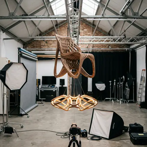 Parametric Wooden Chair & Designer Chandelier in Photography Studio