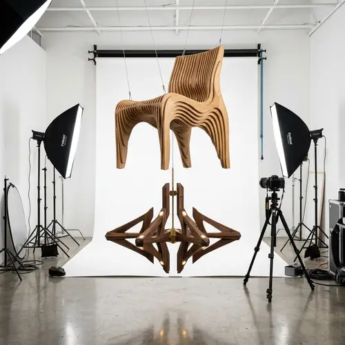 Parametric Wooden Chair and Designer Chandelier in Photography Studio