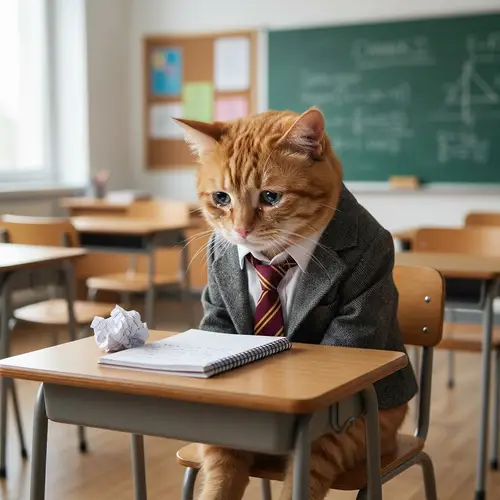 Emotional Cat in Suit at Classroom Desk