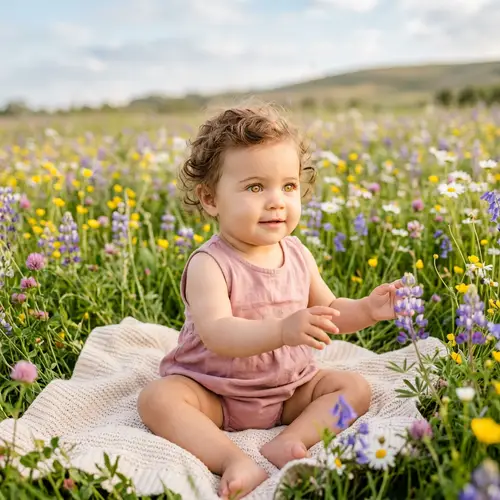 Serene Baby Girl with Golden Eyes in Blossoming Meadow