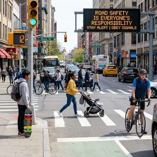 Road Safety at Busy Intersection: Pedestrians, Cyclists, Traffic Lights