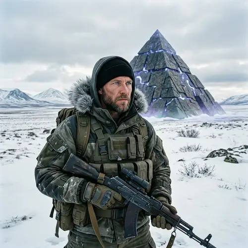 Blue-Eyed Mercenary at Mysterious Pyramid in Harsh Russian Landscape