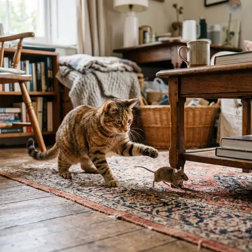 Playful Tabby Cat and Mouse Interaction