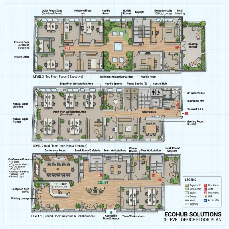 3-Level Office Floor Plan: Functionality & Comfort