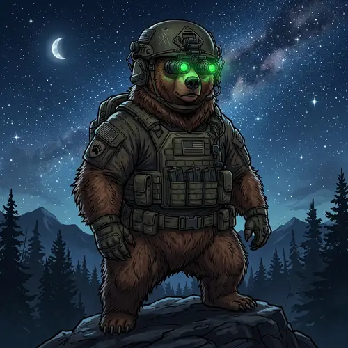 Cartoon Bear in Military Helmet with Night-Vision Goggles