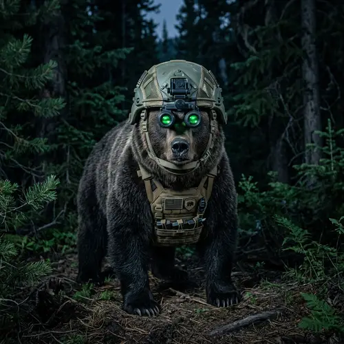 Bear in Military Helmet with Night Vision Goggles