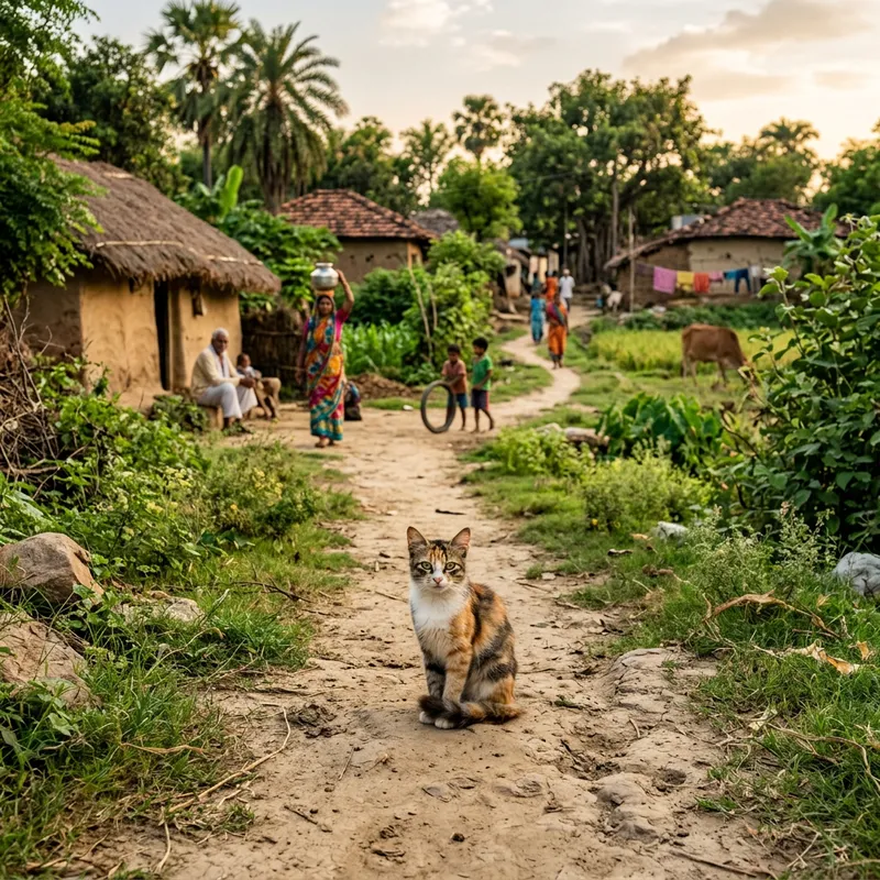 Cat Sitting in Old Indian Village Road Scene