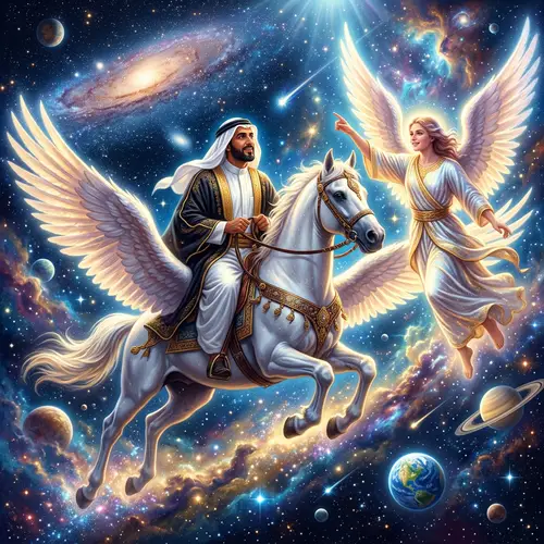Arabian Man on Grand Winged Horse Ascending with Angel