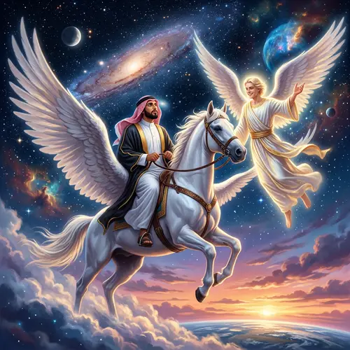 Arab Man on Winged Horse Ascending to Sky with Angel