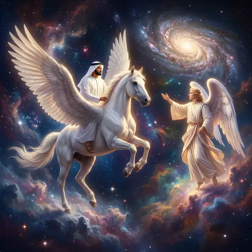 Arabic Man Riding White Winged Horse with Angel - Wonders of Creation