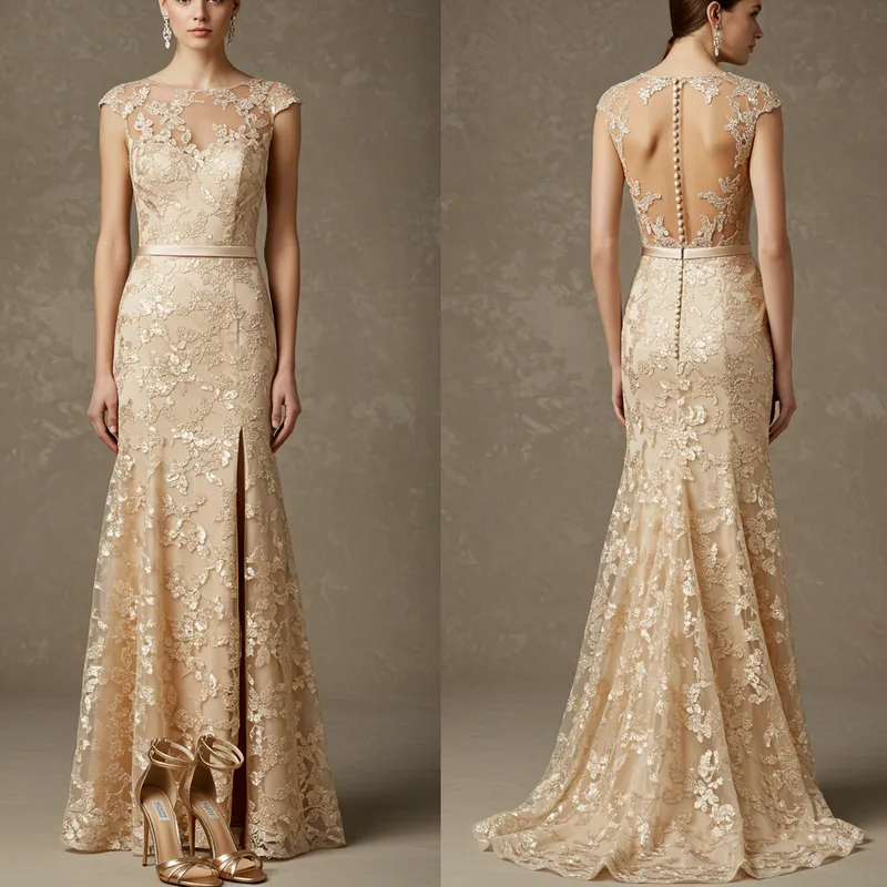 Elegant Champagne Dress with Floral Illusion Back
