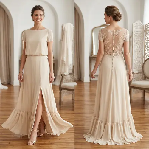 Elegant Champagne Dress with Floral Illusion Back