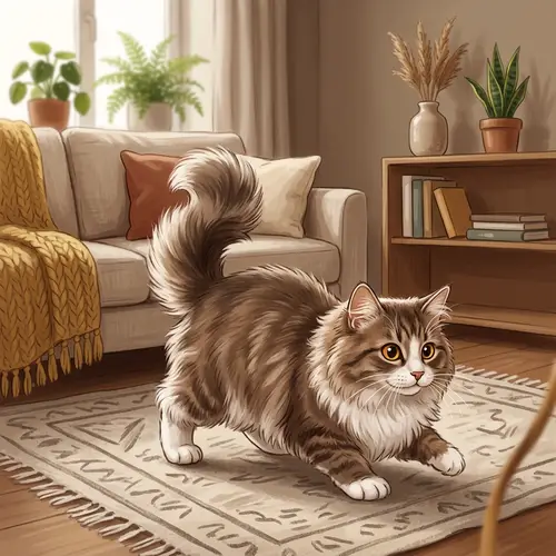 Playful Fluffy Cat Illustration in Cozy Living Room