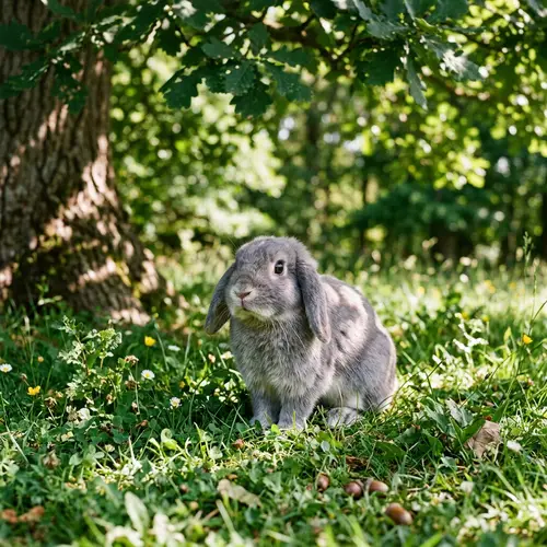 Adorable Gray Bunny Sitting on Green Grass Under Oak Tree