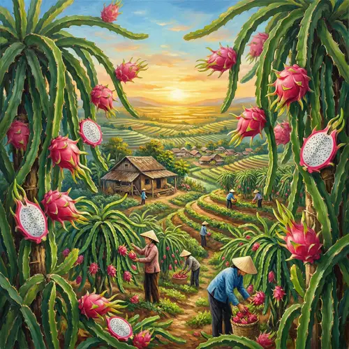 Dragon Fruit Farm in Vietnam: Vibrant Cacti & Farmers Harvesting