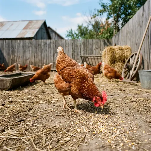 Rustic Farmyard Scene with Domestic Hen Pecking Grains