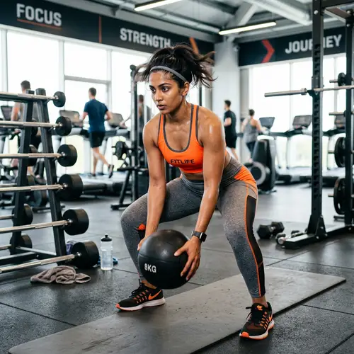 Fit Young Woman South Asian Fitness Routine in Orange Grey Sportswear