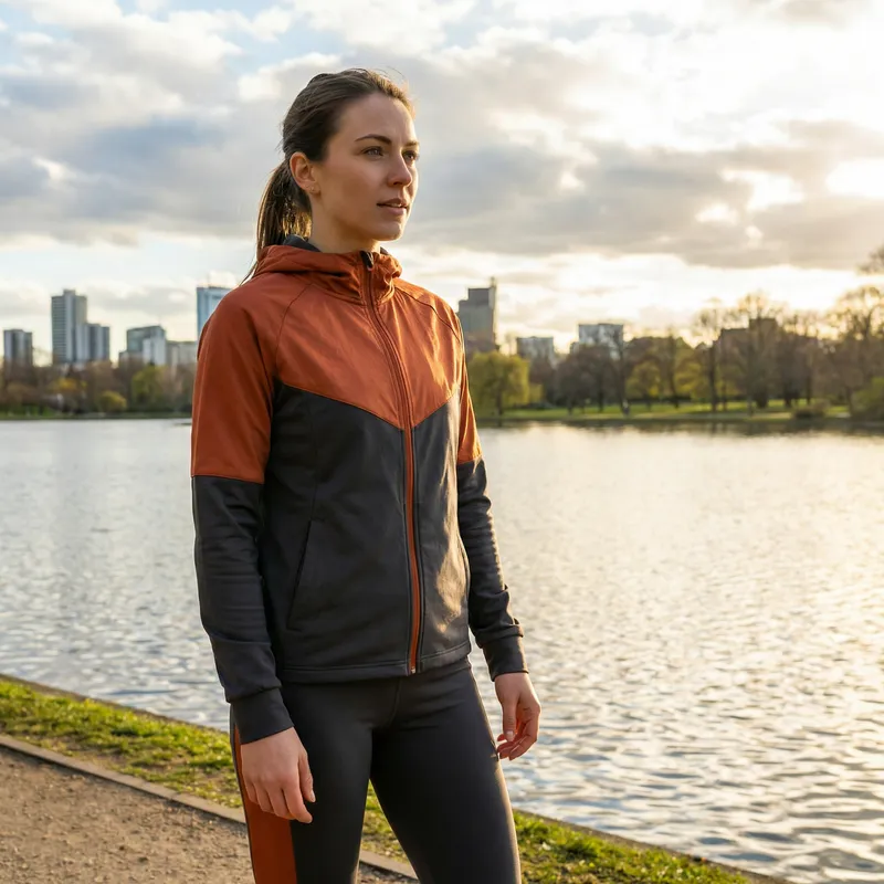 Fit Young Caucasian Woman Outfit Colors Orange Grey | Outdoor Setting