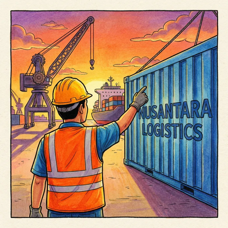 Vibrant Indonesian Worker Illustration at Port | Storybook Style Art
