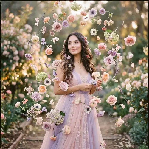 Dreamlike Portrait of Hispanic Woman and Levitating Flowers