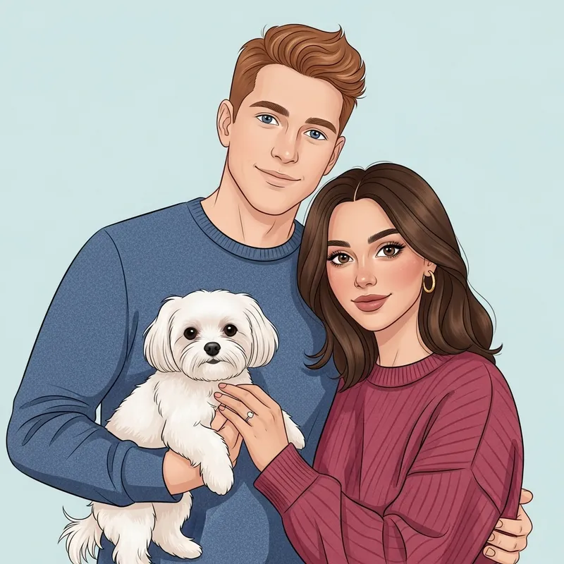 Cute Cartoon Couple with Maltese Dog