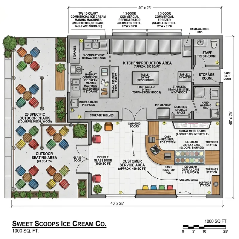 Ice Cream Business Layout - 1000 Sq Ft Design