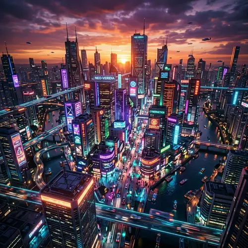Glowing Cyberpunk Cityscape at Sunset - Vibrant Neon Lights
