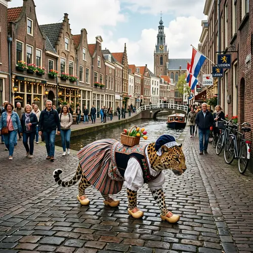 Leopard in Traditional Dutch Costume | Vibrant Leiden City Scene