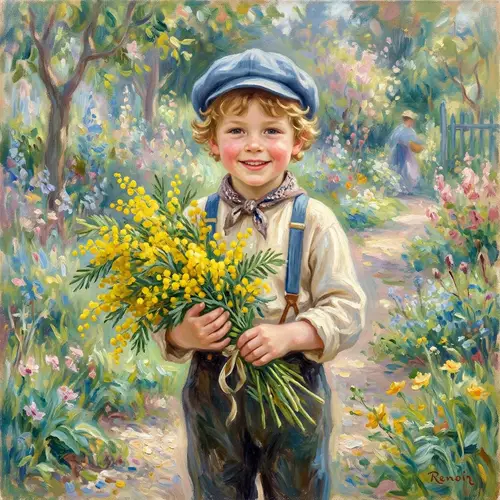 Young Boy with Mimosa Flowers - Impressionist Style Painting