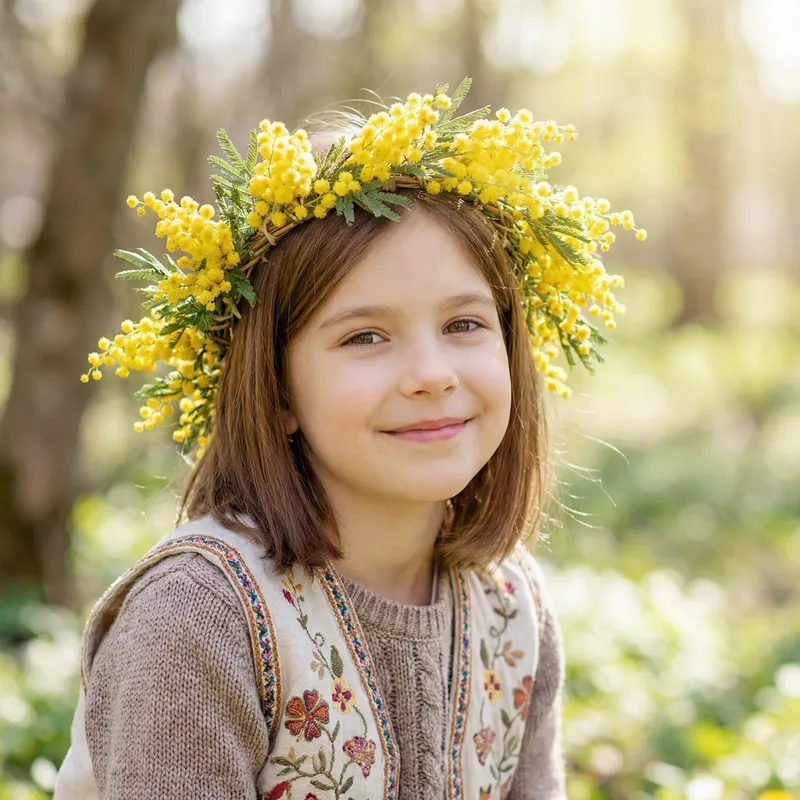 Girl with Mimosa Flower Crown - Spring Floral Headpiece Girl with Mimosa Flower Crown - Spring Floral Headpiece