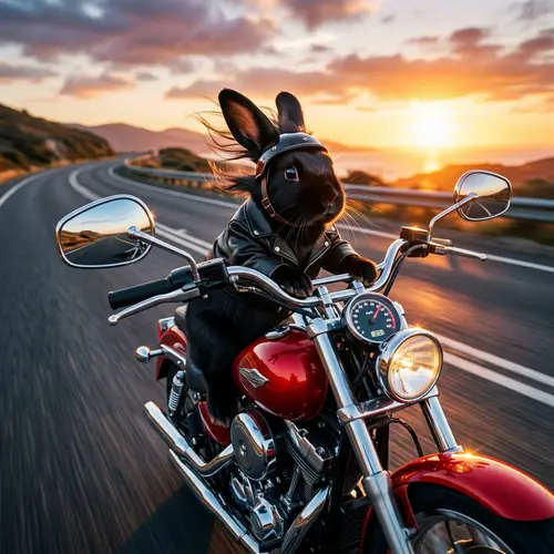 Black Rabbit Riding Red Motorcycle | Speeding Against the Road