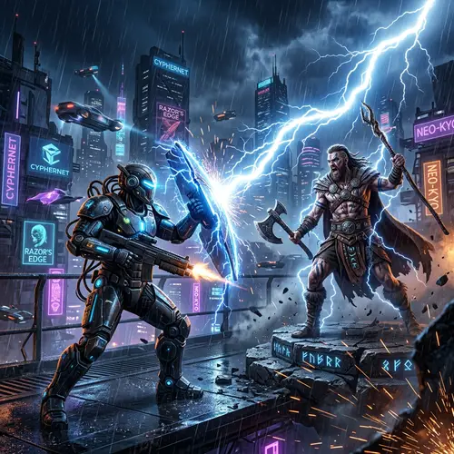 Futuristic Cypherpunk Battle Scene: Technology vs. Mythology