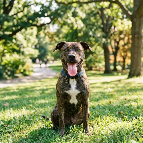 Cheerful Mixed Breed Dog Enjoying Sunny Day in Grass Park