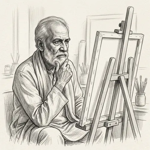 Wise Elder Man Contemplates Blank Canvas