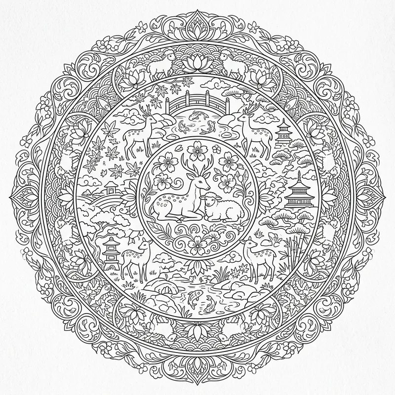 Japanese Garden Mandala Coloring Book: Deers & Lambs