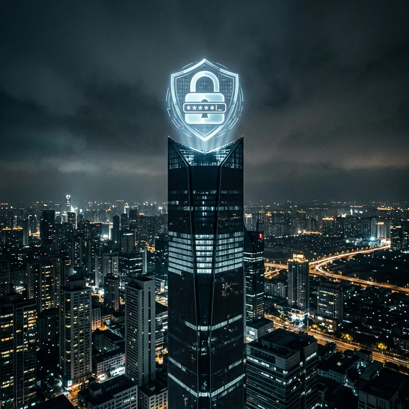 1Password Logo on Villain's Skyscraper Illuminated Against Ominous Sky
