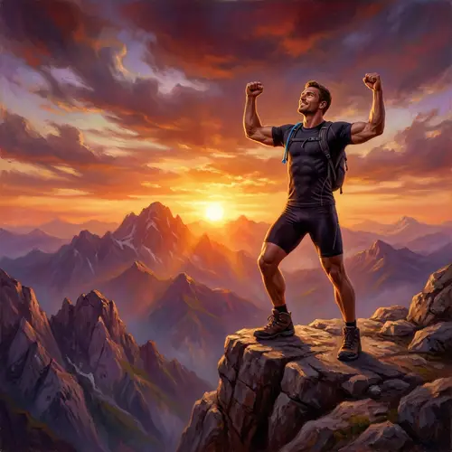 Glorious Athlete Stands on Precipitous Mountain Range