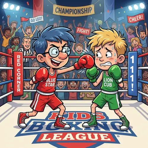 Cartoon Boys Boxing Match in Traditional Ring
