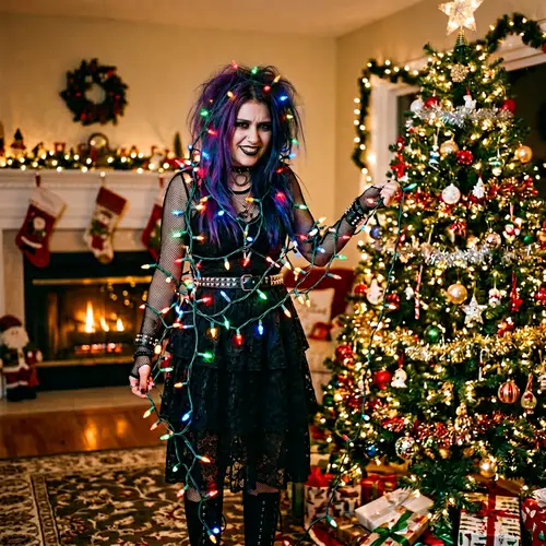Hispanic Goth Girl Entangled in Christmas Lights Decorating Tree