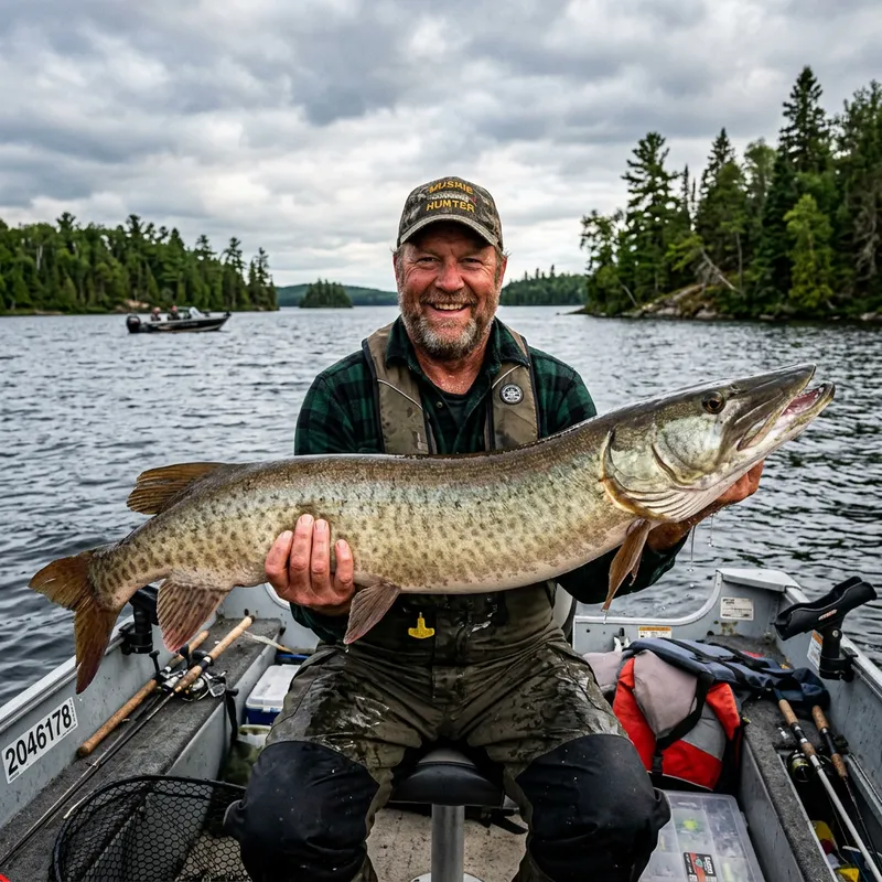 Proud Fisherman with Massive Muskie Catch Proud Fisherman with Massive Muskie Catch