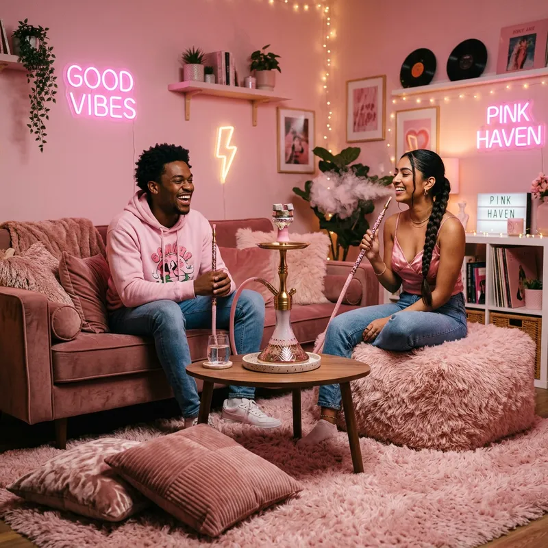 Cozy Pink Room with Friends Sharing Hookah Cozy Pink Room with Friends Sharing Hookah