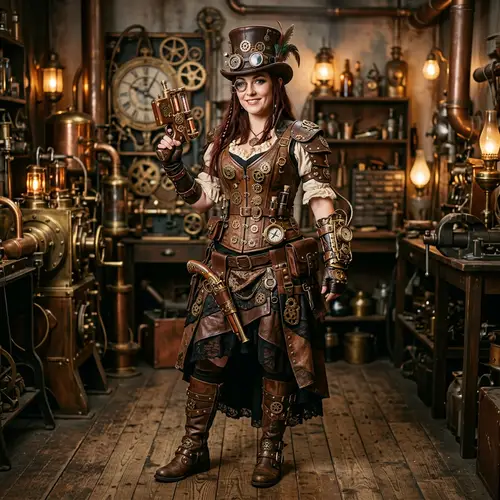Intricate Steampunk Costume with Gears & Leather