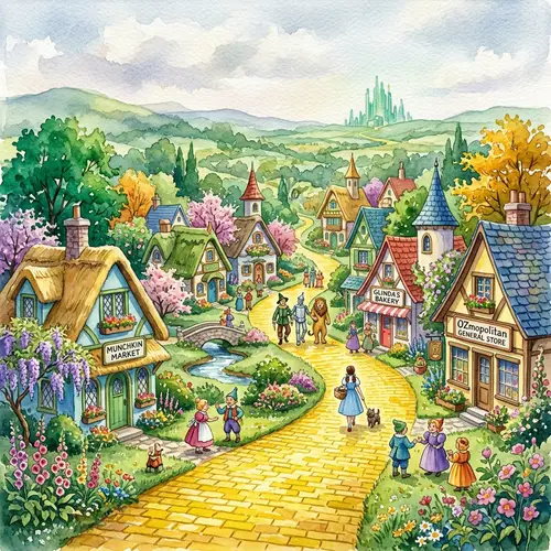 Village in Oz Watercolor Painting